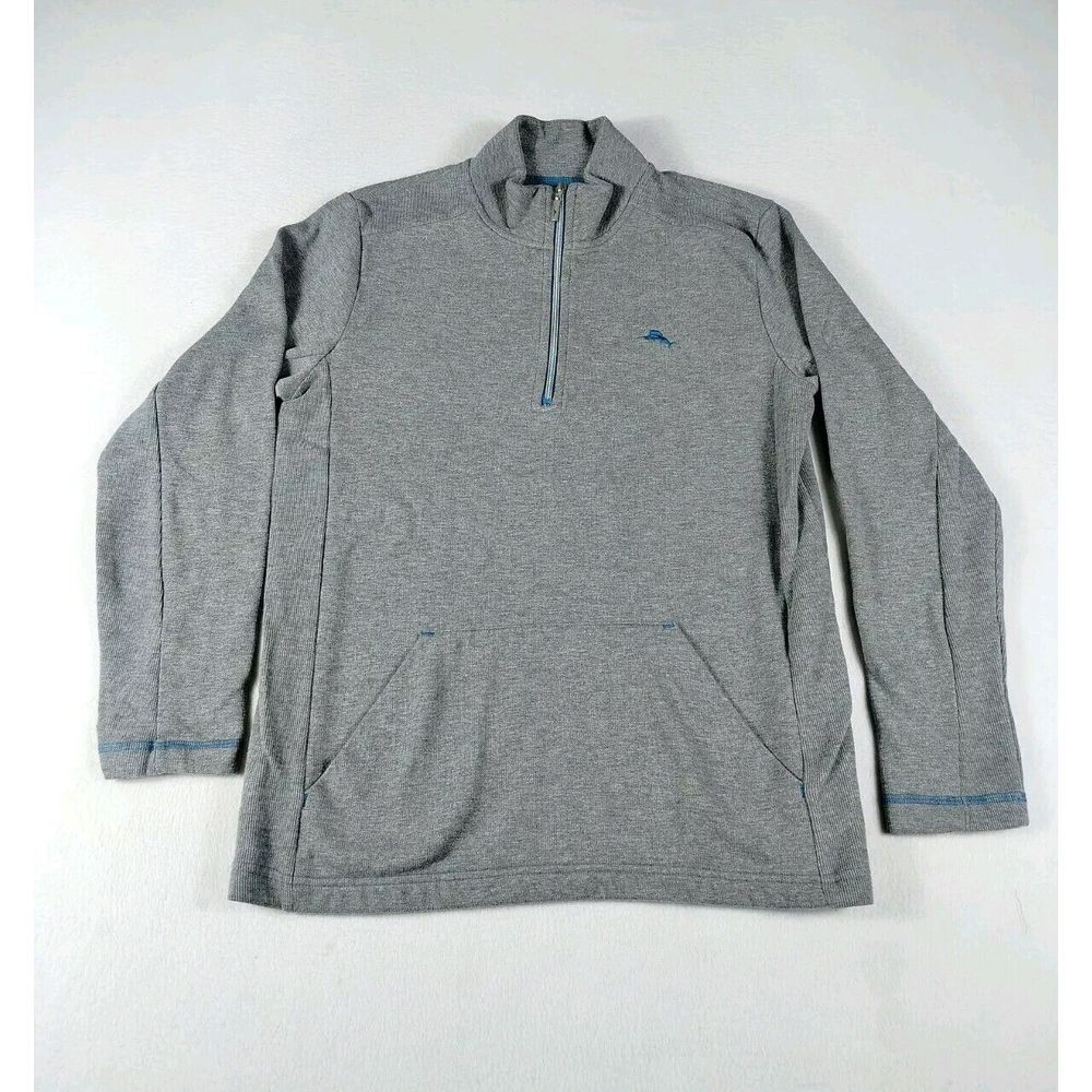 Tommy Bahama 1/4 Zip Sweater Men's Medium Gray Rib Knit Cabincore Cozycore Soft